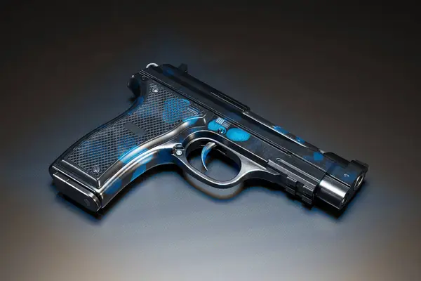 Pistola Exquisitamente Diseñada Con Audaces Acentos Azules Prominentemente Desplegados Contra —  Fotos de Stock