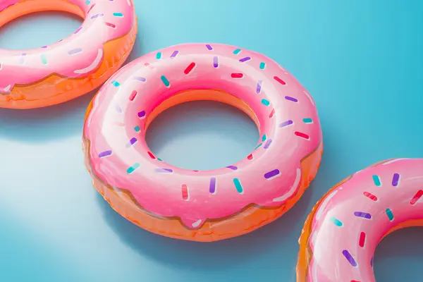 一个迷人的粉色甜甜圈游泳池三部曲 色彩艳丽的水花图案 衬托在蔚蓝的背景下 散发着一种活泼迷人的夏季精华 — 图库照片