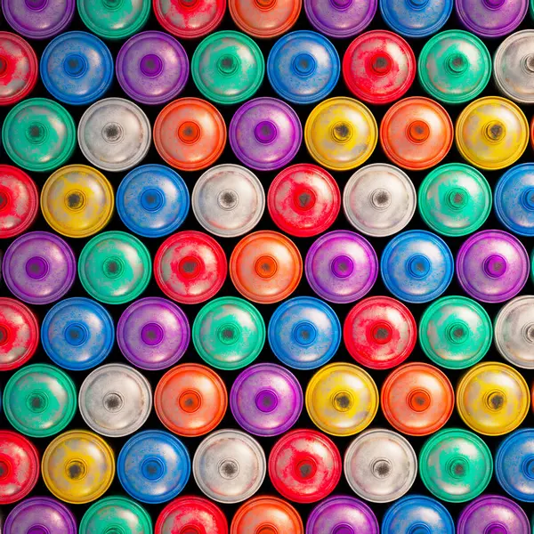 Top View Capturing Kaleidoscopic Pattern Formed Tops Spray Paint Cans — Stock Photo, Image