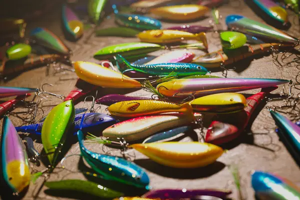 Extensive Collection Multicolored Fishing Lures Hooks Neatly Displayed Featuring Range — Stock Photo, Image
