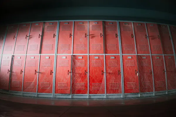 Stretched Perspective View Showcasing Sequence Vibrant Red School Lockers Notable — Stock Photo, Image