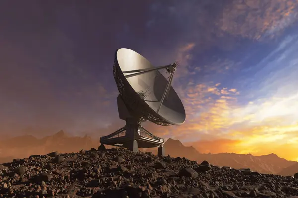 Captivating Sunrise Bathes Lone Radio Telescope Surrounding Rugged Landscape Golden — Stock Photo, Image