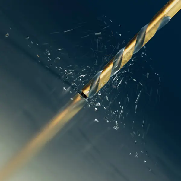 Detailed Close High Speed Gold Toned Drill Bit Penetrates Metal — Stock Photo, Image