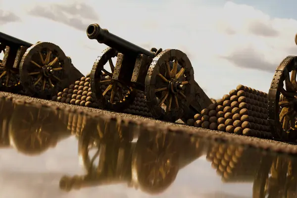 Outdoor Display Featuring Aged Cannons Stacks Iron Cannonballs Artistically Arrayed — Stock Photo, Image