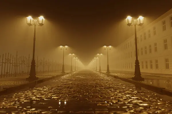 Uniquely Atmospheric Capture Foggy Sepia Toned Cobblestone Street Flanked Glowing — Stock Photo, Image
