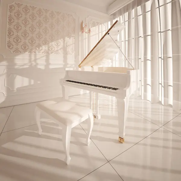Piano Queue Blanc Immaculé Occupe Devant Scène Dans Une Salle — Photo