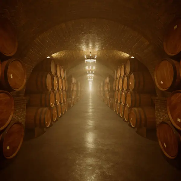 Majestic Underground Wine Cellar Parallel Rows Oak Barrels Aging Premium — Stock Photo, Image