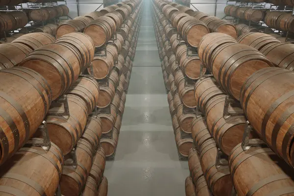Evocative Image Showcasing Meticulously Stacked Oak Wine Barrels Tranquil Cellar — Stock Photo, Image