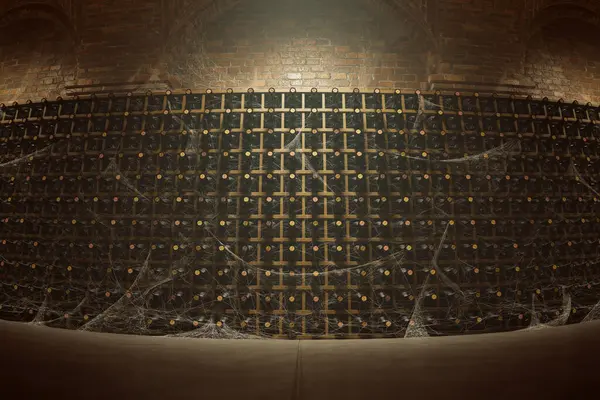 Timeworn Wine Cellar Hosting Racks Dust Covered Bottles Ensnared Delicate — Stock Photo, Image