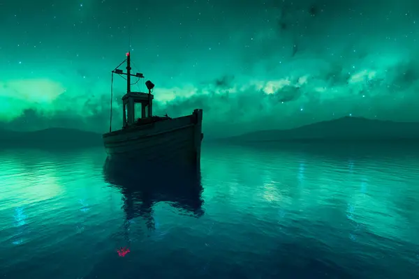 Captivating View Lone Boat Vivid Aurora Borealis Its Light Painting — Stock Photo, Image
