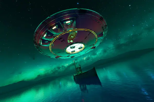 Captivating Artwork Depicts Enigmatic Ufo Emitting Light Lone Boat Tranquil — Stock Photo, Image