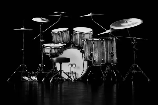 Black White Close Showcasing Professional Drum Kit Cymbals Poised Musical — Stock Photo, Image