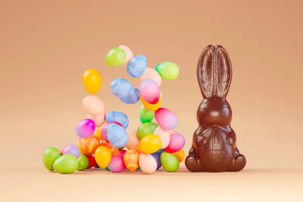 精彩的布置展示了一系列五彩缤纷的复活节彩蛋和色彩艳丽的巧克力兔 体现了复活节欢乐的精神和传统 — 图库照片