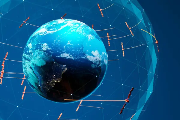 このイラストは 接続された世界を描き 複雑なネットワーク回線と高度なグローバル通信と宇宙技術を体現する軌道衛星を描いています — ストック写真
