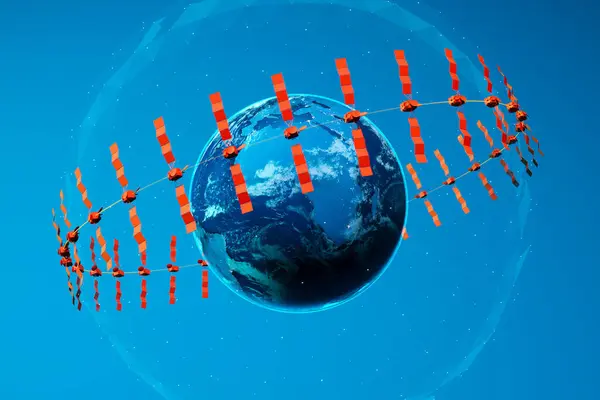 Striking Digital Illustration Showcasing Dense Network Satellites Earth Orbit Symbolizing — Stock Photo, Image