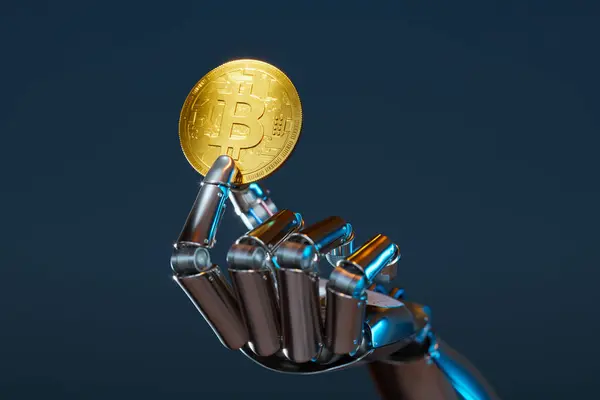An intricate robotic hand clutches a luminous Bitcoin coin, epitomizing cutting-edge financial tech and the merge of robotics with digital cryptocurrency on a vivid blue background.