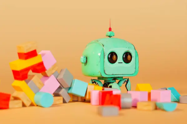 一个精心设计的大眼老式玩具机器人 栖息在五颜六色的生气勃勃的木块中 在温暖的橙色背景下营造出怀旧的景象 — 图库照片