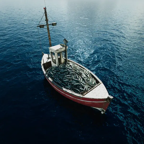 Захоплюючий Повітряний Знімок Компактного Рибальського Човна Його Палуба Переповнюється Вибуховим Стокова Картинка