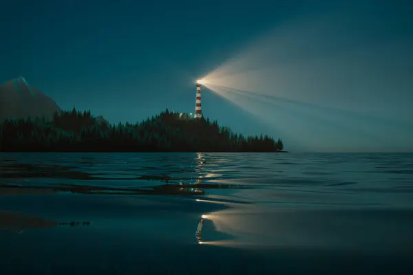 Gece Boyunca Kesen Bir Deniz Fenerinin Büyüleyici Manzarası Durgun Sulara Stok Fotoğraf