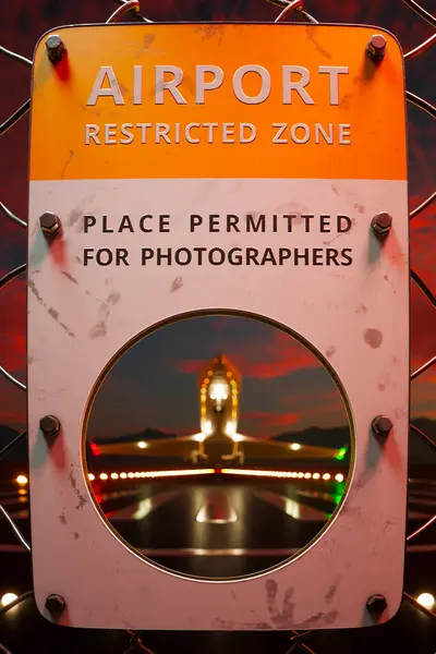この詳細なキャプチャーは 明確で明るいライトサインで明るいトワイライトで活気に満ちた空港シーンを示し 滑走路でタクシーを運行する飛行機の背景に対して写真の許可されたゾーンを示しています ストックフォト