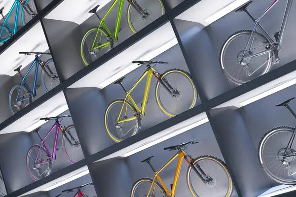 Велика Колекція Сучасних Гірських Велосипедів Різноманітними Дизайнами Кольорами Відображаються Полицях Стокове Зображення