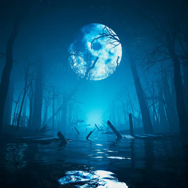 Enthralling Night Scene Depicting Otherworldly Flooded Forest Bathed Glow Full Stock Image