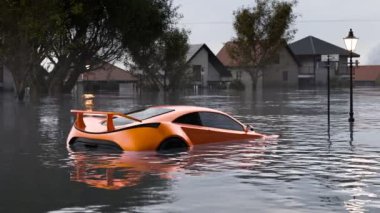 Lüks bir spor otomobilin çarpıcı görüntüsü kısmen sel sularına gömülmüş, doğal afetlerin mülkiyet üzerindeki etkisini gösteriyor..
