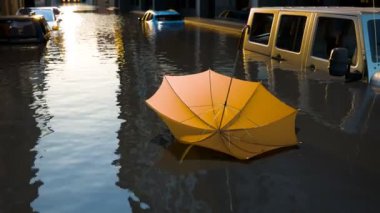 Canlı bir şemsiye, gün batımında sular altında kalmış bir kentsel alanda suyun üzerinde süzülür. Suya batmış arabalar ışığı yansıtır..