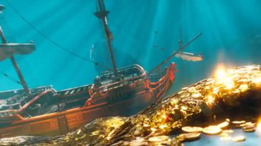 Göksel okyanus ışığı altında parıldayan hazinelerle çevrili görkemli bir gemi enkazının sinema sahnesi..