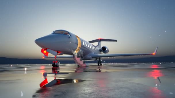 Elegante Jet Privado Con Escaleras Iluminadas Estacionadas Asfalto Brillante Reflectante — Vídeos de Stock