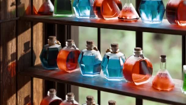 Una Variedad Botellas Vidrio Forma Geométrica Con Varios Líquidos Colores — Vídeo de stock