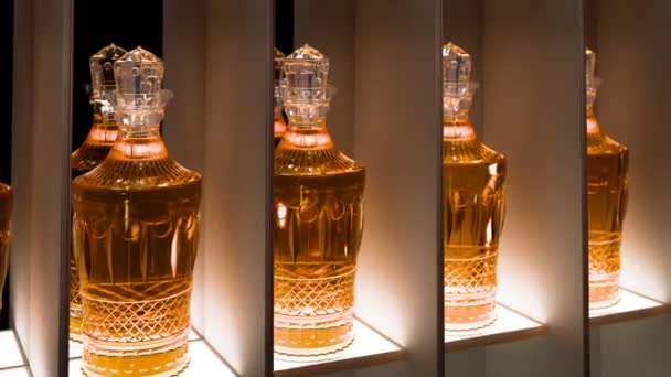 Een Serie Luxueuze Amberkleurige Parfumflesjes Verlicht Een Plank Die Verfijning — Stockvideo