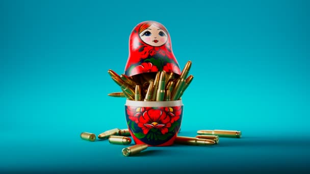 Traditional Russian Matryoshka Doll Filled Brass Bullet Cartridges Vibrant Blue — Stock Video