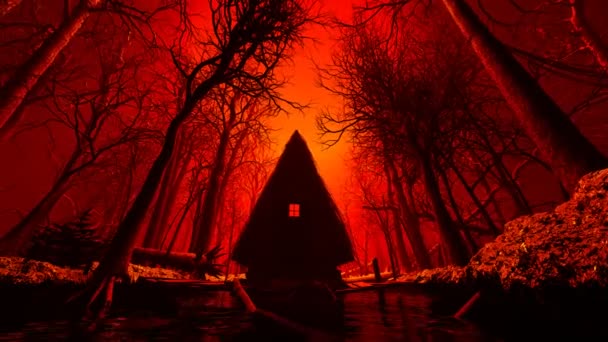 光り輝く赤い空の下に裸の木に囲まれた光り輝く窓のある暗く三角形のキャビンのハンティングイメージ 別の世界的で邪悪な気分をキャスティング — ストック動画