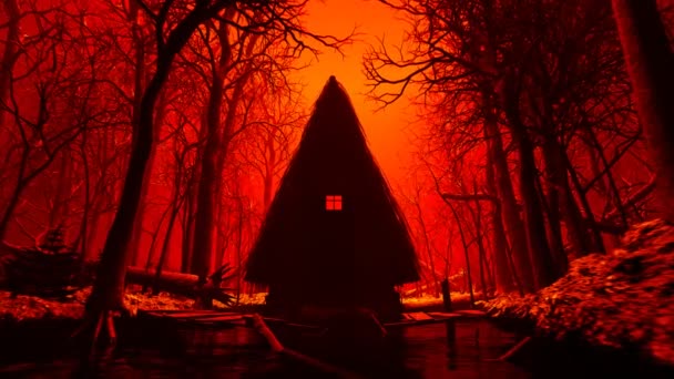 野蛮な木に囲まれた孤独な神秘的なキャビンを描いた不気味で赤い夜のシーン — ストック動画