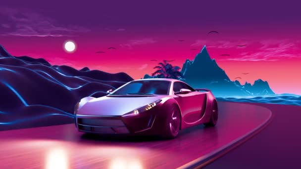 활기찬 분홍색과 보라색 풍경에 빛나는 매끄러운 스포츠 자동차 실루엣 — 비디오