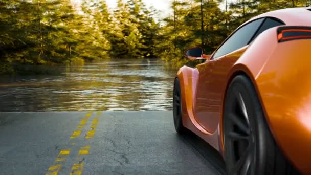 Сонный Оранжевый Спортивный Автомобиль Припаркованный Затопленной Дороге Пышными Деревьями Золотым — стоковое видео