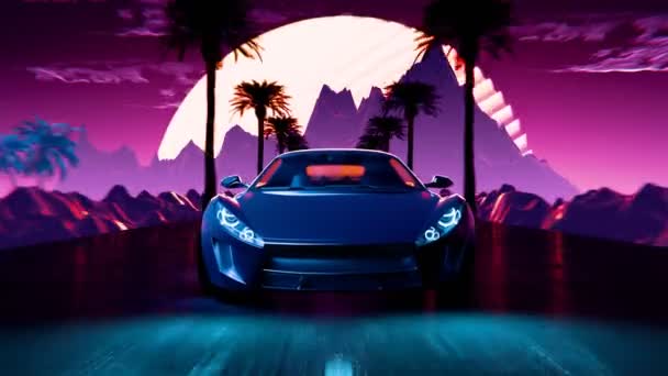 Блестящий Синий Спортивный Автомобиль Демонстрируется Перед Стилизованным Закатом Пальмами Горами — стоковое видео