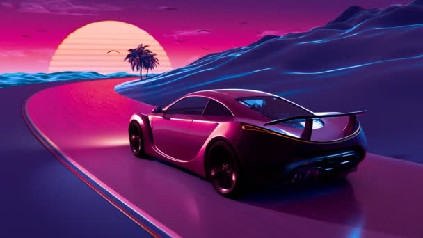 Elegantní Futuristické Auto Klouže Živé Růžové Modré Cestě Surrealistickém Pozadí — Stock video