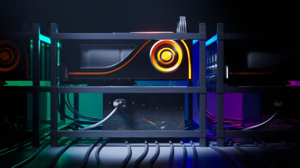 Sebuah Custom Built Modern Dengan Pencahayaan Neon Menampilkan Kartu Grafis — Stok Video