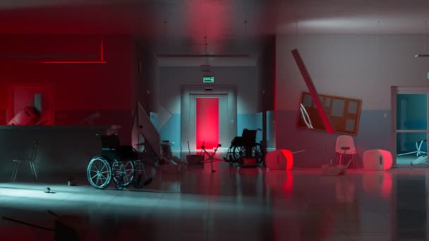 一种令人不安的医院场景 描绘了翻倒的家具 轮椅和令人生畏的灯光 造成了混乱和被遗弃感 — 图库视频影像