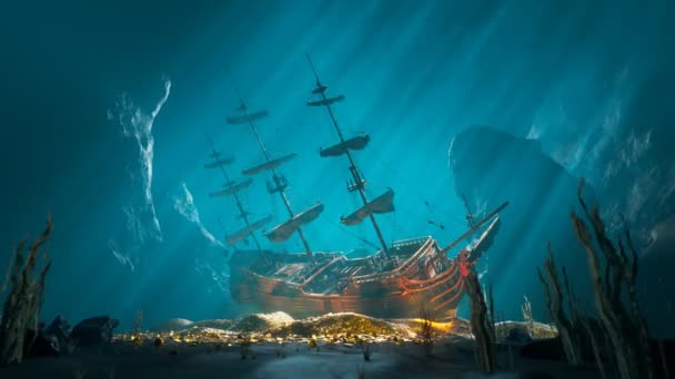 Působivý Podvodní Obraz Dokumentující Potopenou Pirátskou Loď Uprostřed Mořského Dna — Stock video