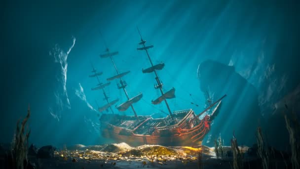 Okouzlující Podvodní Scenérie Historického Ztroskotání Galeon Obklopená Zářícími Poklady Mořskou — Stock video