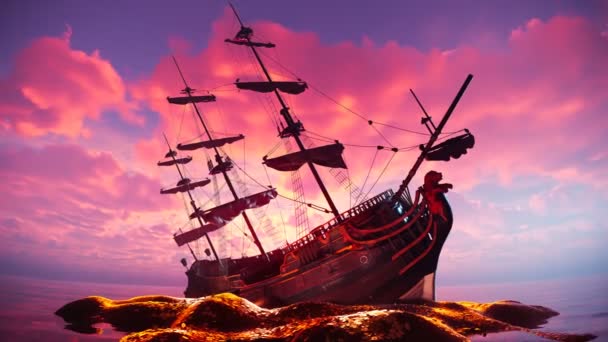 Fantastisk Digital Konst Historisk Galeon Fartyg Segling Vid Solnedgången Gjuten — Stockvideo