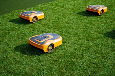 Bir banliyö bahçesindeki çimleri otomatik olarak biçen ve teknolojinin ve ev çimlerinin kesişimini temsil eden son teknoloji robot biçme makinelerinden oluşan bir üçlü..