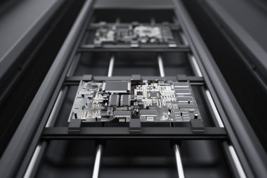 A high-definition macro shot showcases a sophisticated modern circuit board marked by intricate electronic components, reflecting innovation. clipart