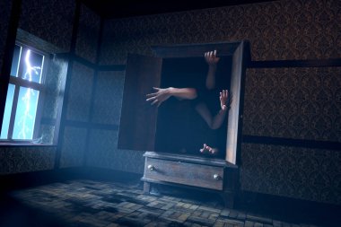 Eski bir dolaptan çıkan insan uzuvlarıyla, esrarengiz ve gerçeküstü bir tasvir. Eski bir dekorla örtülü, gölgeli bir odanın arka planına kurulmuş..