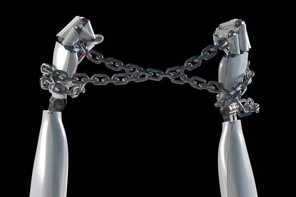 Pair Robotic Arms Entwined Robust Chain Set Somber Backdrop Depicting — Stock Photo, Image