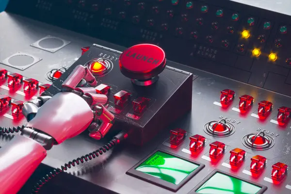 Precision Shot Ominous Red Launch Button Surrounded Array Glowing Switches — Stock Photo, Image