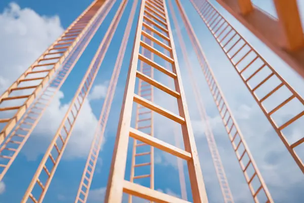Captivating view of a wooden ladder extending into a cloud-dotted blue sky, evoking concepts of personal growth, endless potential, and the pursuit of one\'s career or life goals.